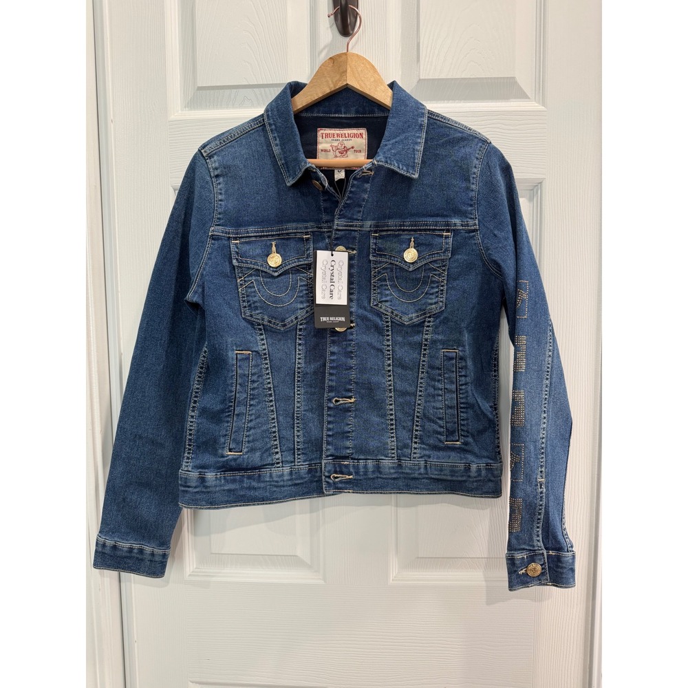 True Religion Jesse SN Slim Denim Jacket Medium Rustic Barn Wash Rhinestone L